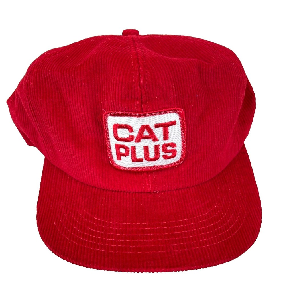 Vintage Caterpillar Trucker Hat Made In USA Red Corduroy K Products Cat Plus